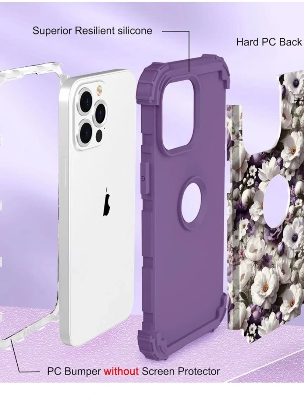 Floral Heavy Duty Phone Case for iPhone 13 Pro Max - Purple Floral shockproof